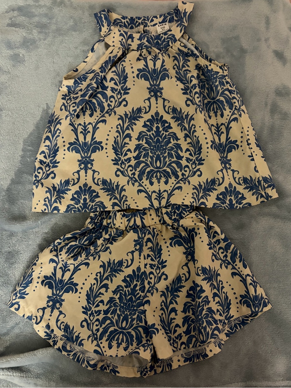Blue Damask Two-Piece Skirt Set — girls Cream & Blue